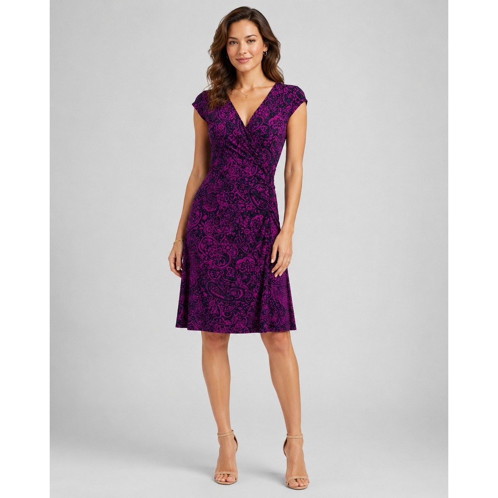 Chaps Purple Paisley Faux Wrap Dress S Cap Sleeve Stretch Autumn Wedding Guest - Picture 11 of 11